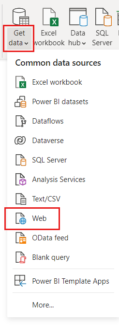 Screenshot of Power Query Editor with the Get data menu and Web source selected.