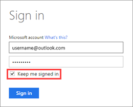 Screenshot of the Sign in dialog, showing the Keep me signed box is checked.