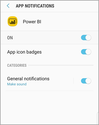 Screenshot shows an Android phone screen titled Power B I where you can allow and manage notifications.