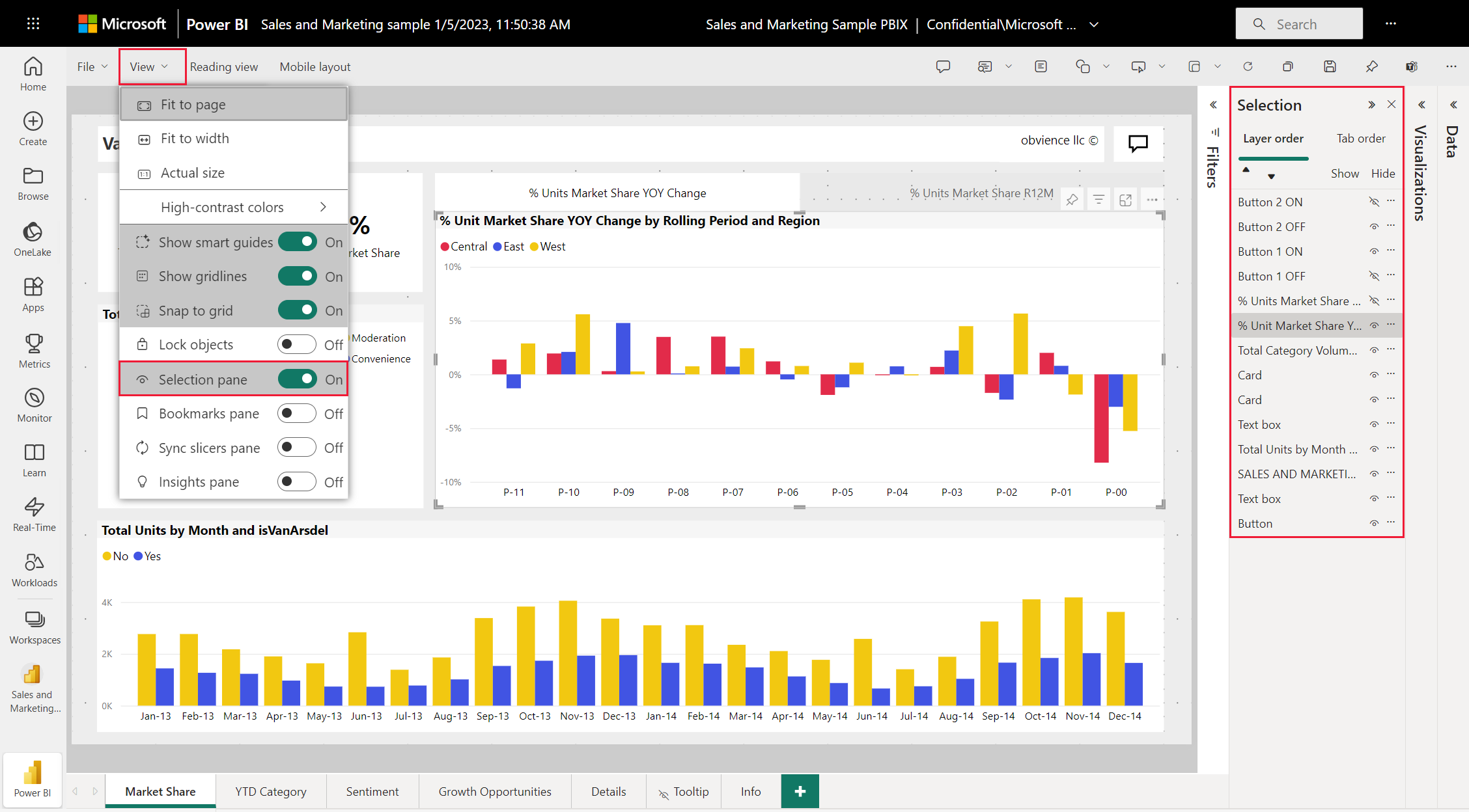 Screenshot of the Power BI service canvas, showing the Selection pane, which sets the front-to-back order of visuals.