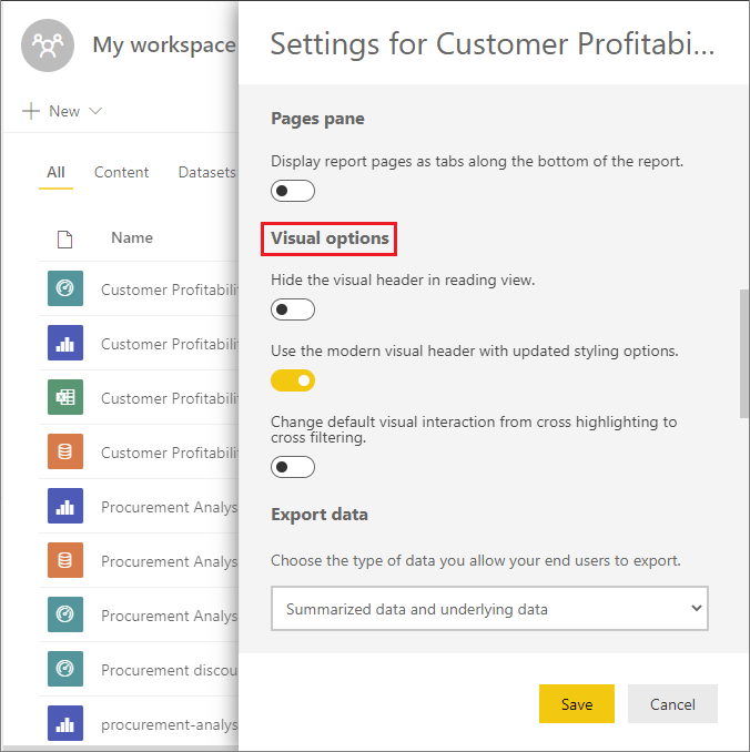 Screenshot of the settings for a report in the Power BI service.