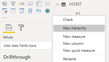 Screenshot shows the Power B I Desktop with New hierarchy selected in a contextual menu.