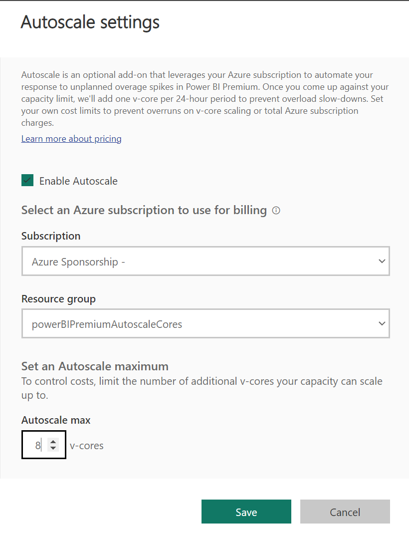 Screenshot of the Autoscale settings page showing subscription, resource group and Autoscale max settings..