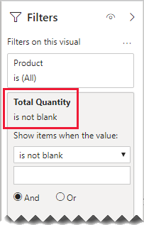 Diagram showing that the Filters pane for the Product slicer now filters by "Total Quantity is not blank".