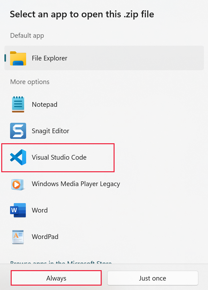 Screenshot of the dialog that shows a list of programs to open the file. Visual Studio Code and Always are highlighted.