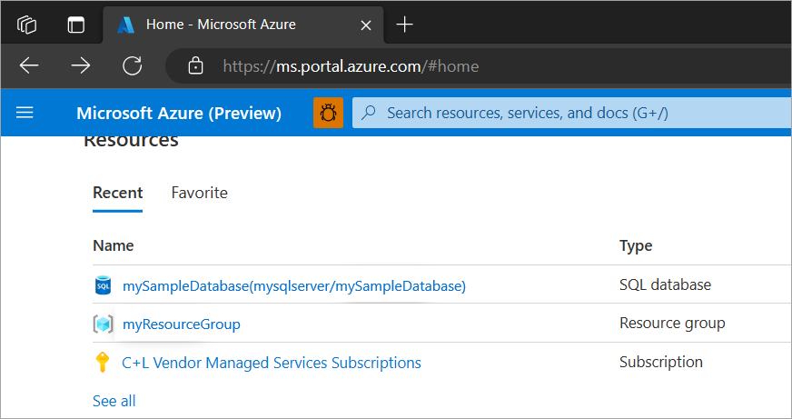 Screenshot showing SQL databases in the Azure portal.