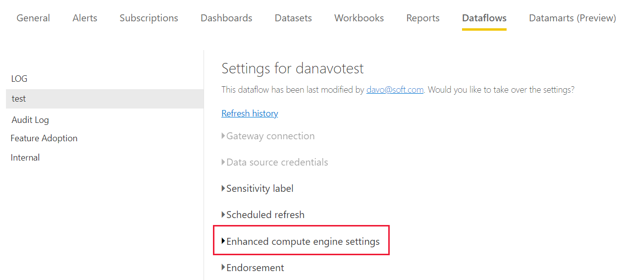 Screenshot of a dataflows settings page with the enhanced compute engine settings setting highlighted.