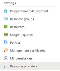 Screenshot of the settings menu options, resource providers is selected.