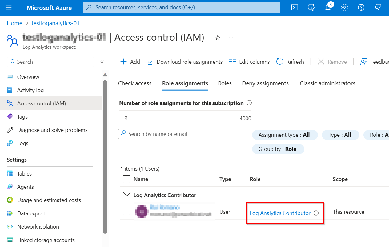 Screenshot of the Access control pane with role highlighted.