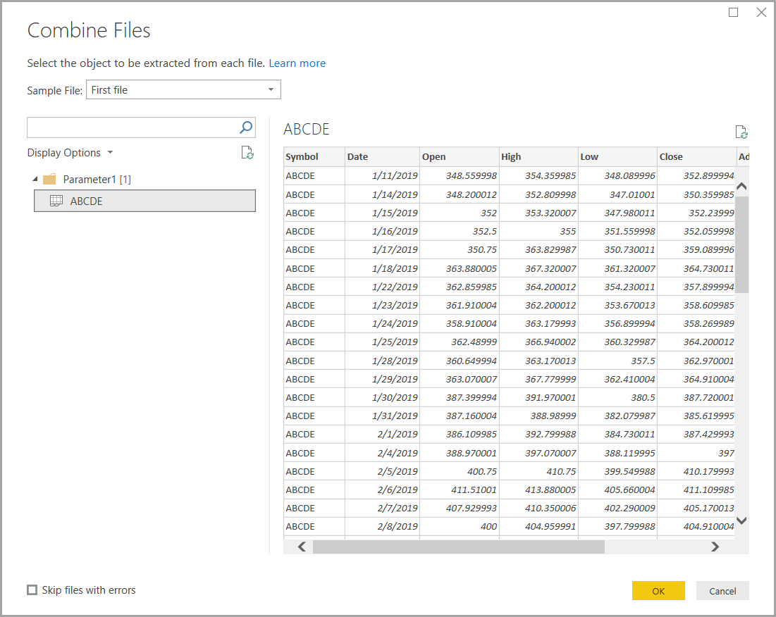 Screenshot of the Combine Files dialog box in Power BI desktop.