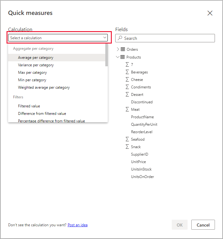 Screenshot of the Quick measures screen and the Select a calculation drop-down menu.