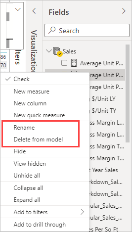 Screenshot of the options delete and rename a quick measure in a drop-down menu.