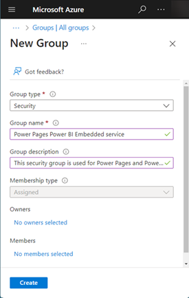 Create security group for Power BI Embedded service.