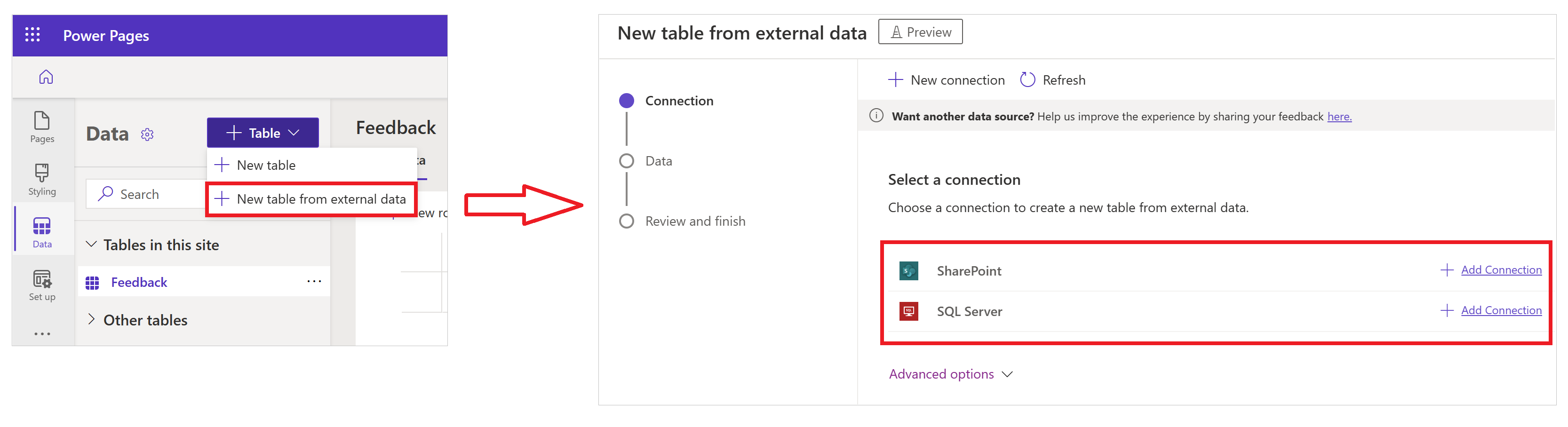 Create virtual table using Power Pages design studio from the Data workspace