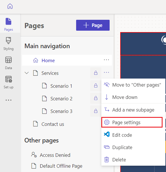 Screenshot of the Pages workspace in the Power Pages design studio, with Page settings highlighted.