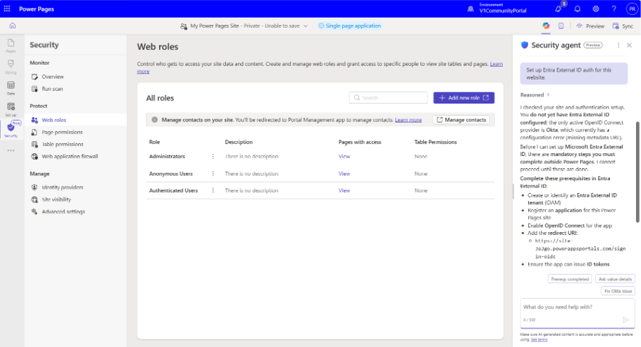 Screenshot of security agent configuration options in Power Pages showing details of site traffic.