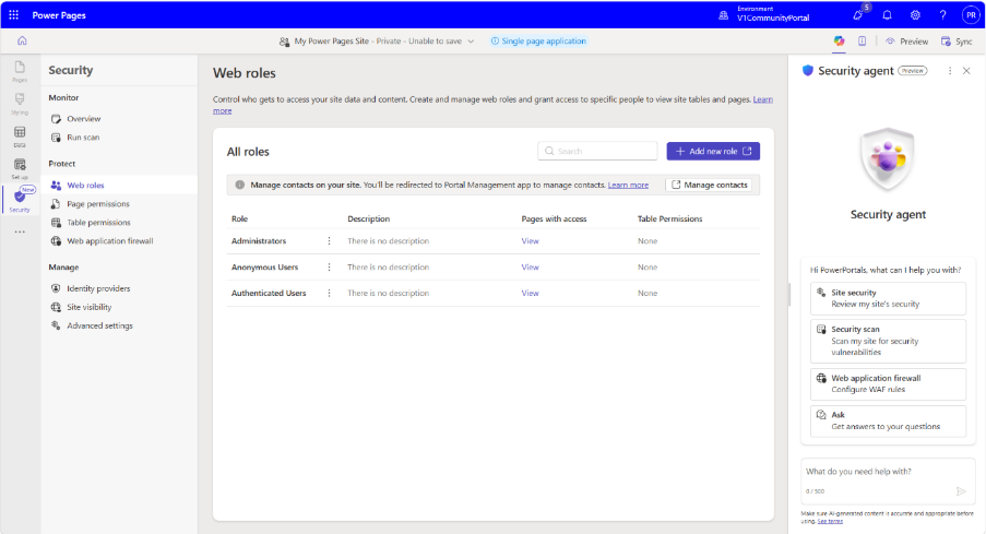 Screenshot of the security agent configuration tab in Power Pages design studio.