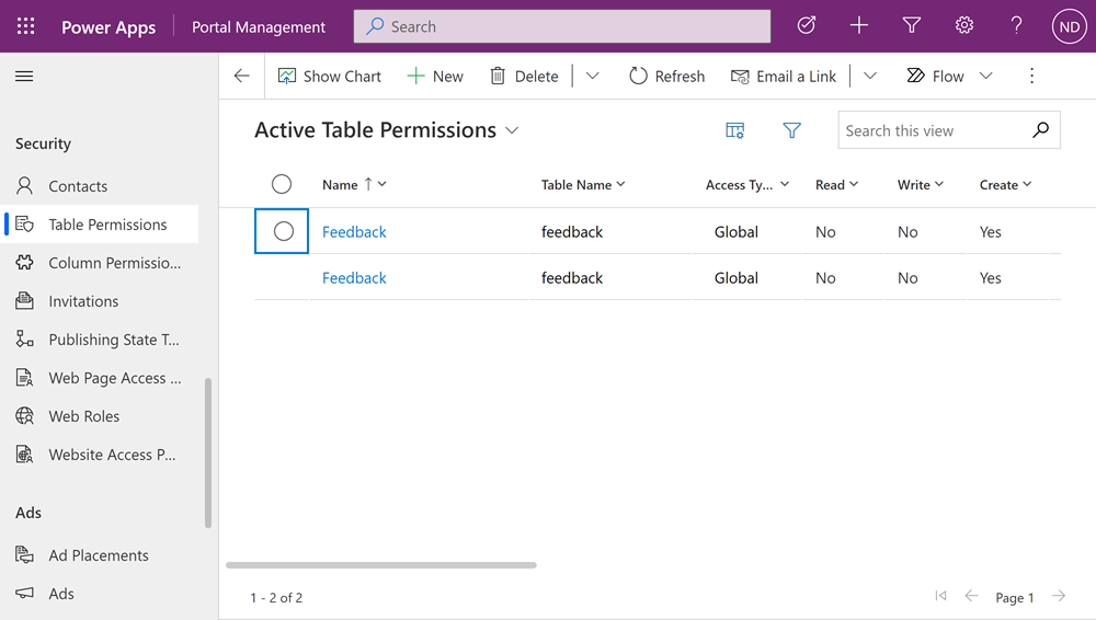 Access table permissions by using the Portal Management app.