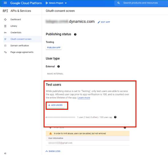 Add test users Screenshot of adding test users.