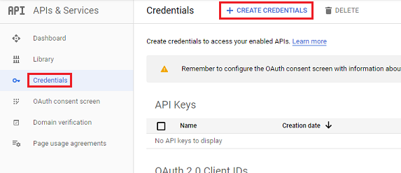 Create credentials Screenshot of the Create credentials command.