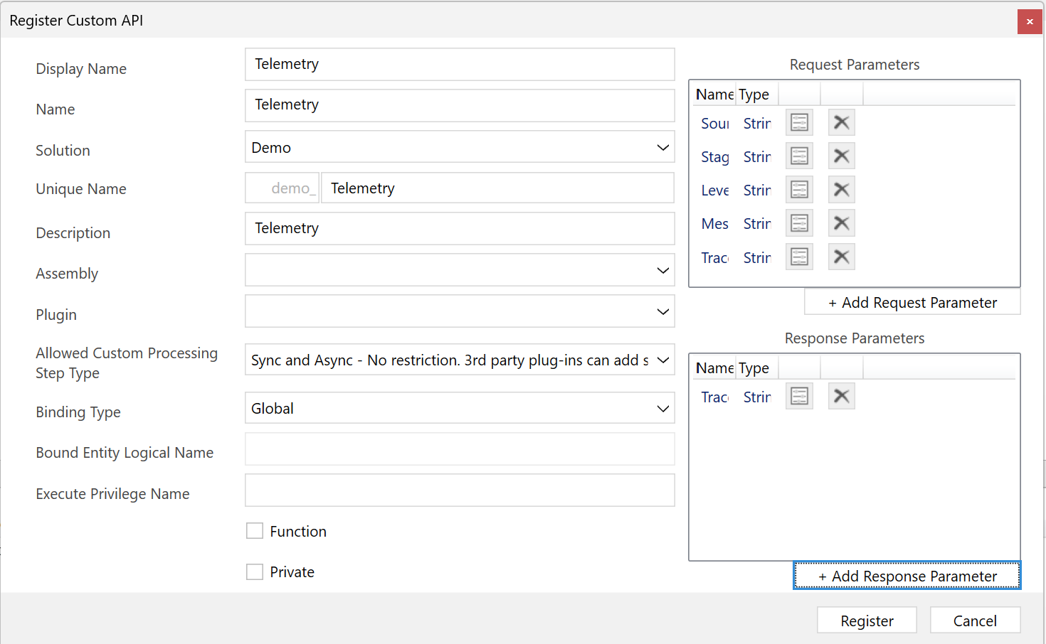 Screenshot of registering a custom API.