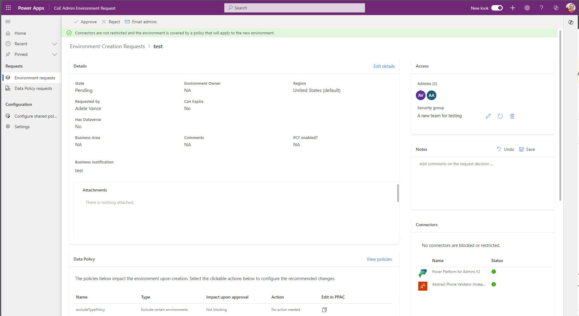 Screenshot showing details of the Environment request.