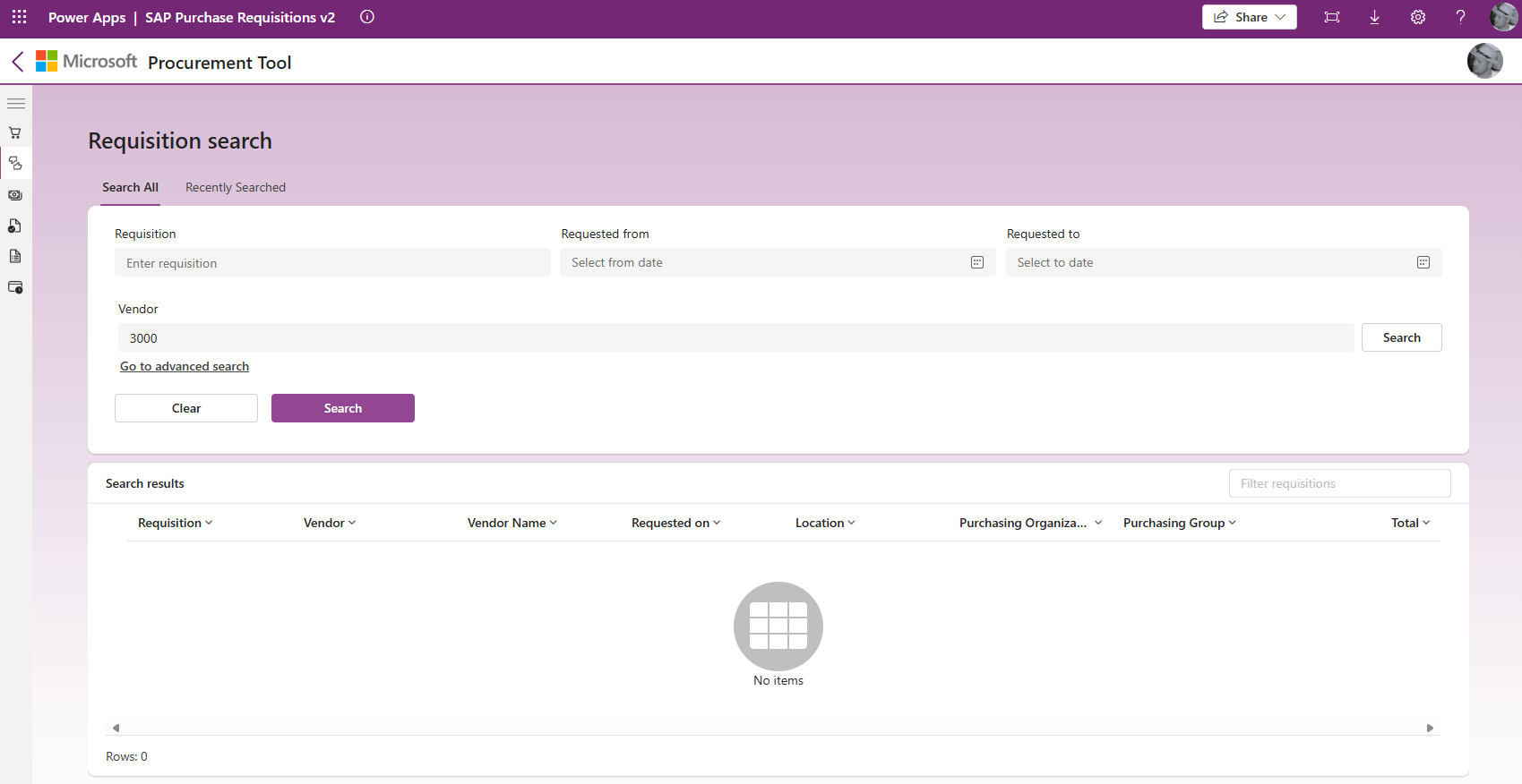 Image shows requisition search screen.