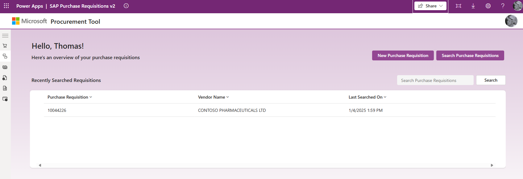 Image of Microsoft's SAP Procurement requisition app for Power Platform.