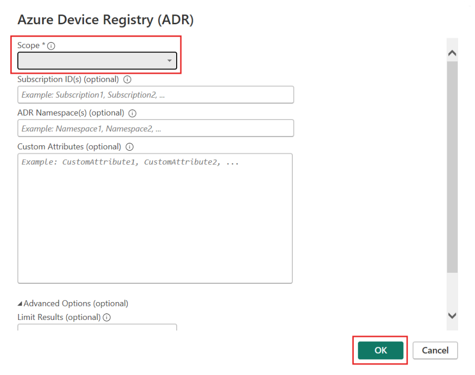 Screenshot of Azure Device Registry dialog in Power Query Desktop.
