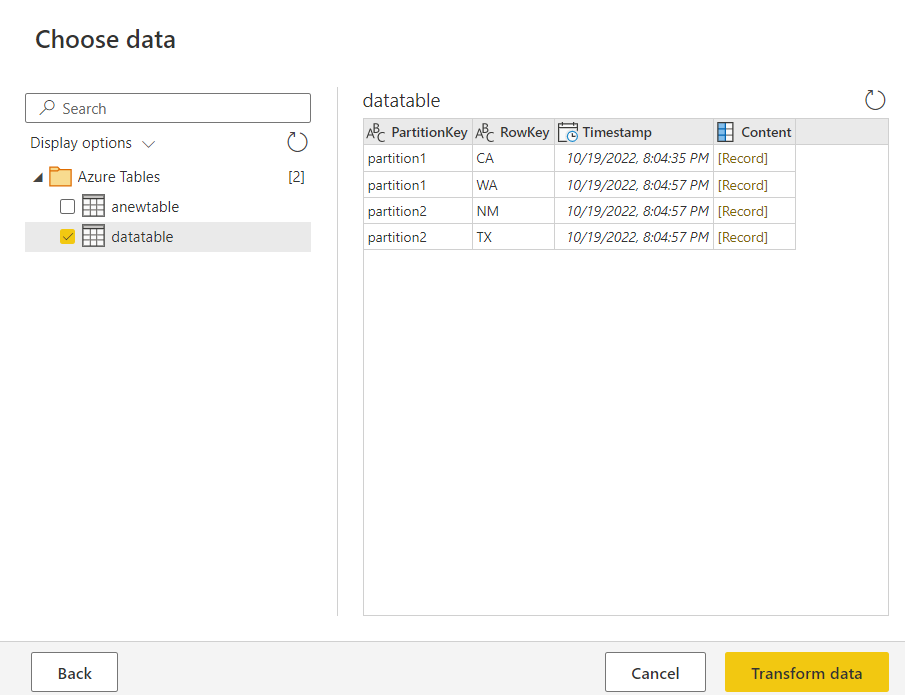 Screenshot of the Azure Table Storage choose data window in Power Query online.