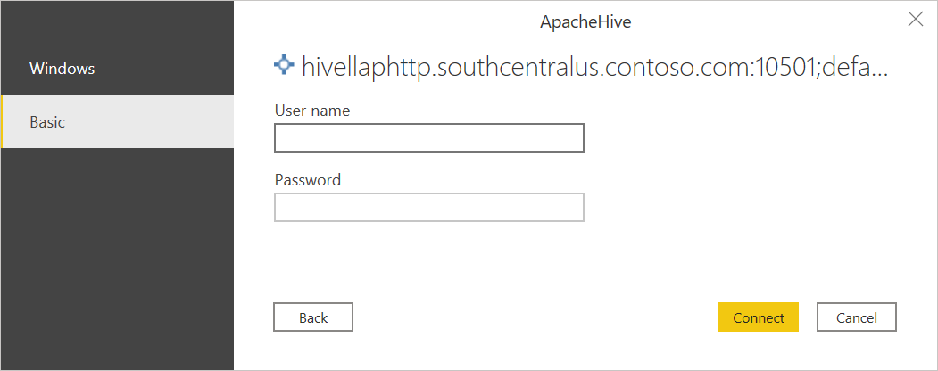 Image of the Basic authentication screen for the Apache Hive LLAP connection, with username and password entries