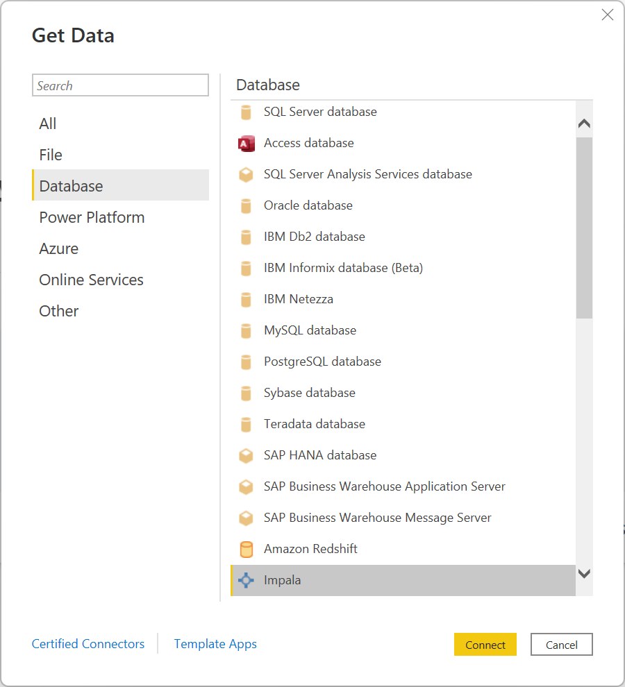 Image of the Get Data dialog with the Database category and Impala connector selected.