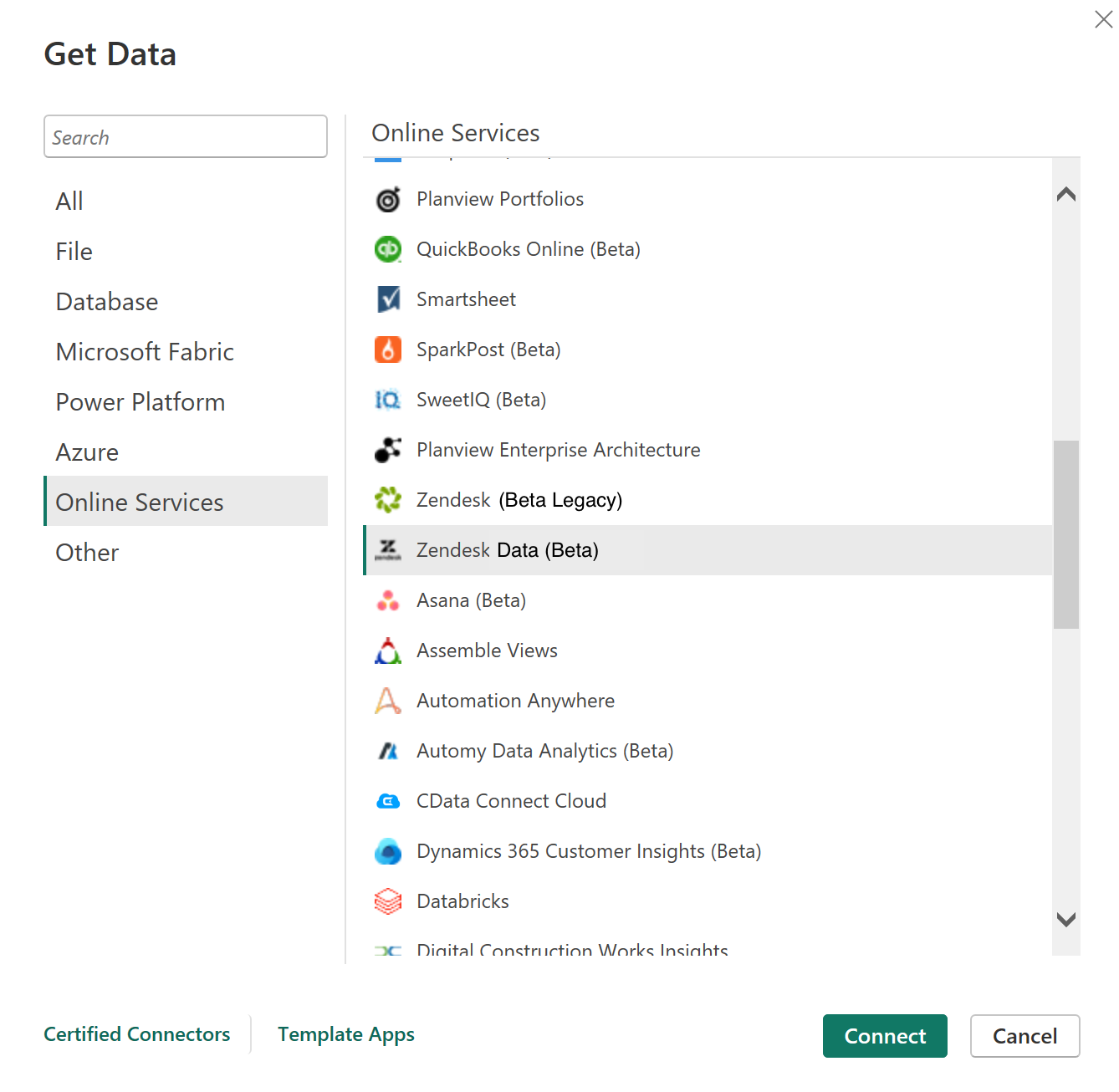 Image with Online Services category and the Zendesk connector highlighted.