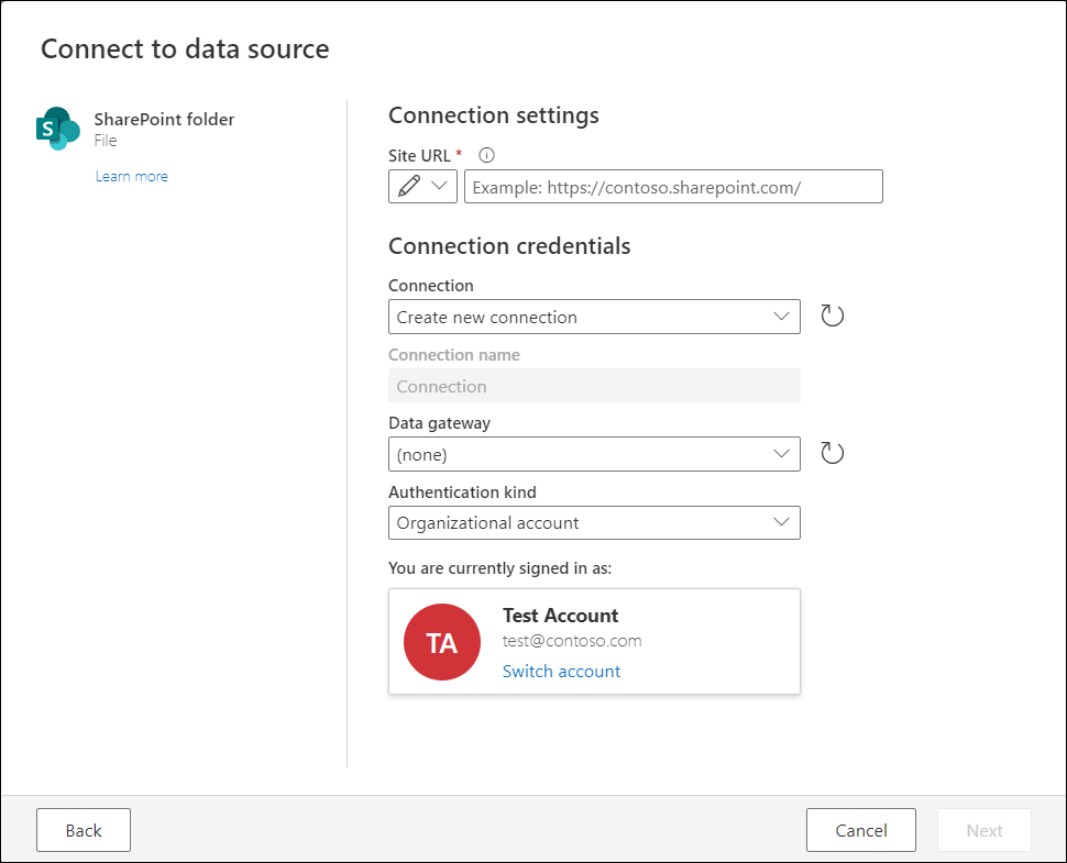 Connect to data source dialog showing the SharePoint folder connector experience where the user Test Account has been automatically logged in using the Organizational account as the authentication kind.
