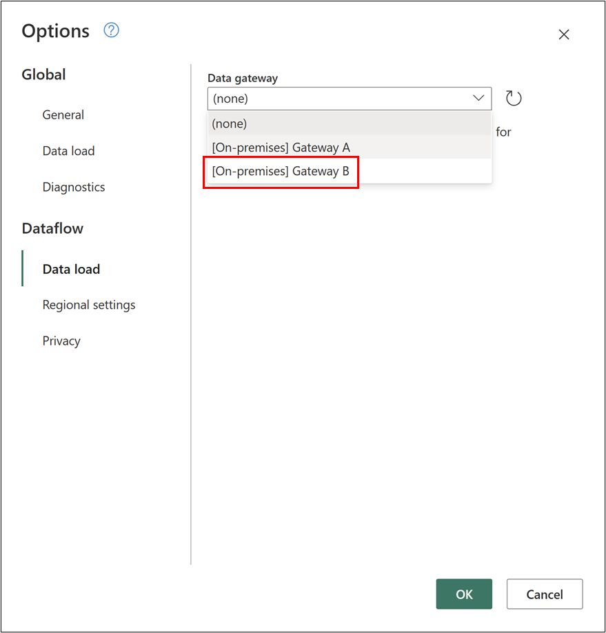 Screenshot of Project options dialog box with the drop-down menu listing None, Gateway A, and Gateway B.