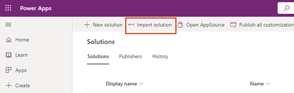 Screenshot of the Power Apps Solutions page, with the Import solutions button highlighted.