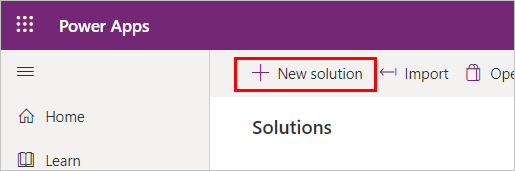 Screenshot of the Power Apps Solutions page, with the New solution button highlighted.