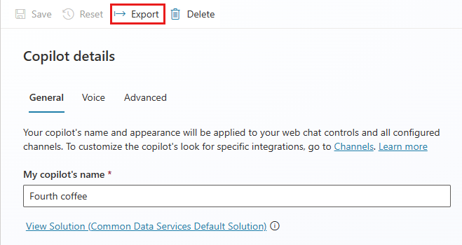 Screenshot of the Copilot details tab in Copilot Studio, with the Export button highlighted.