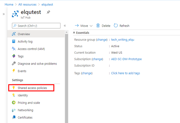 IoT Hub page showing shared access policies.