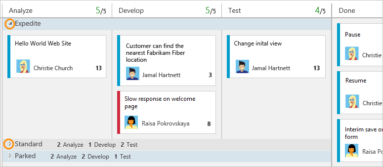 Screenshot of Kanban board, Collapsed swimlanes, TFS 2017 and earlier versions.