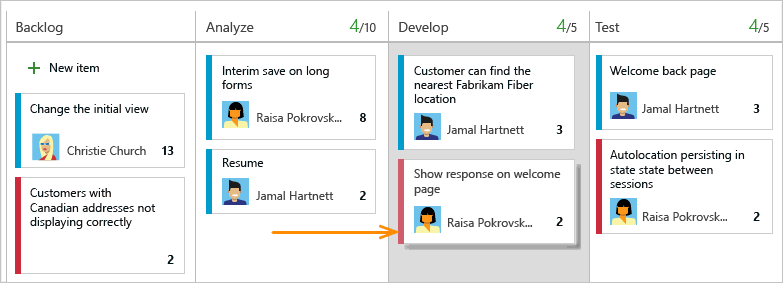 Screenshot that shows dragging an item from the Analyze column to the Develop column.