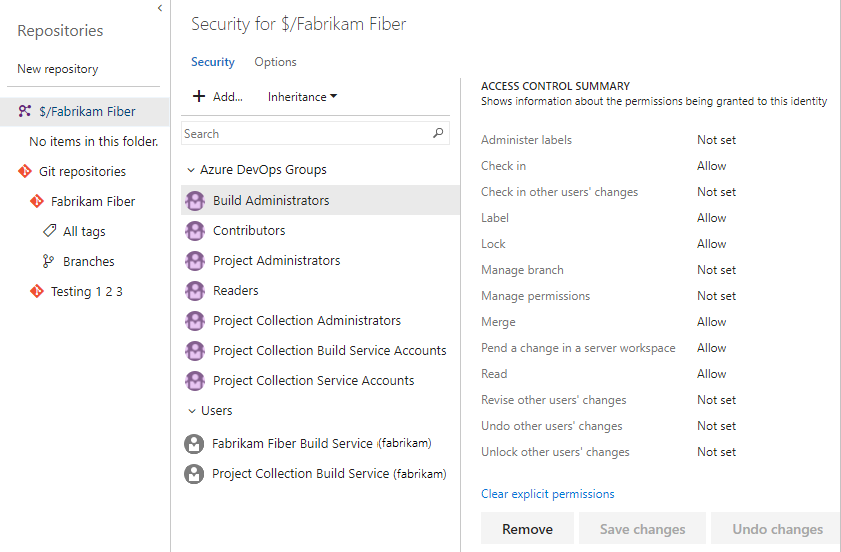 Screenshot of TFVC permissions dialog.