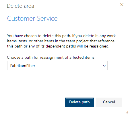 Screenshot of Delete area dialog.