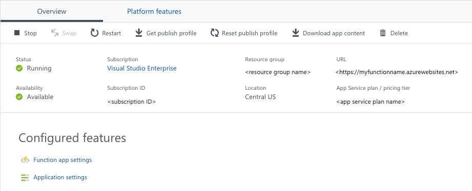 Over tab of azure function