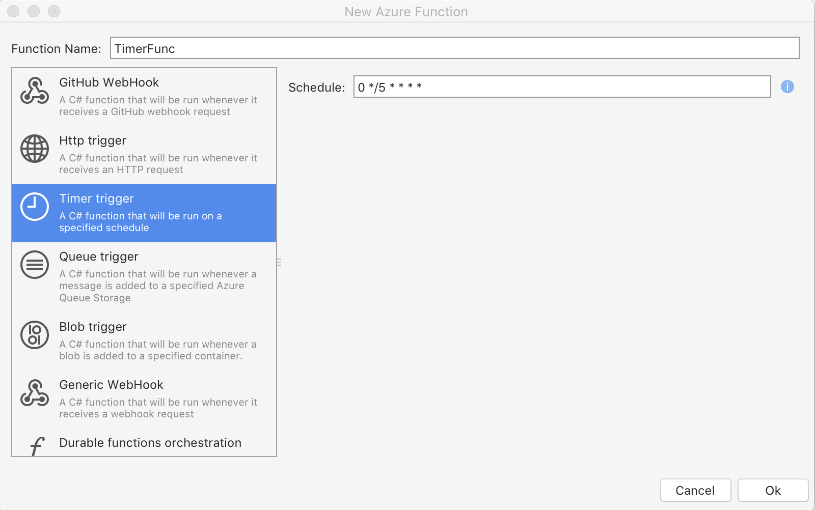 new azure function dialog