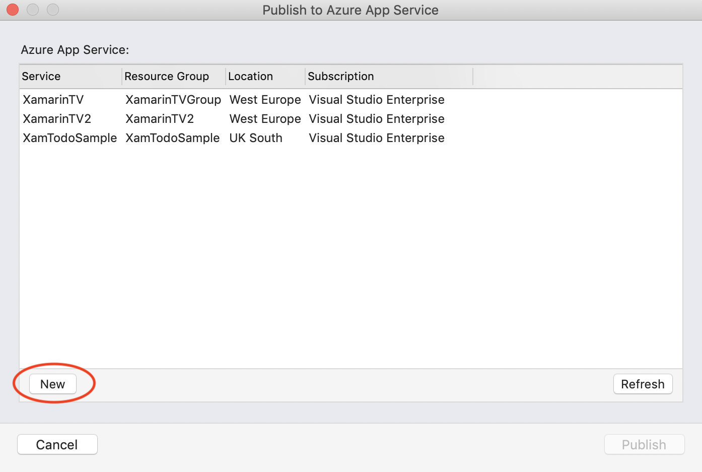 Publish to App Service Dialog