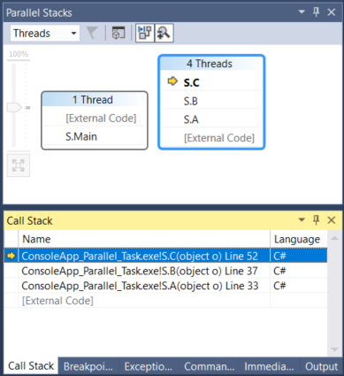 PDB_Walkthrough_1 Threads view in Parallel Stacks window