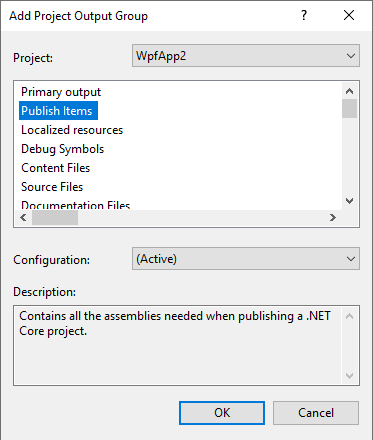 Pick Publish Items The Publish Items output group in the Add Project Output Group dialog