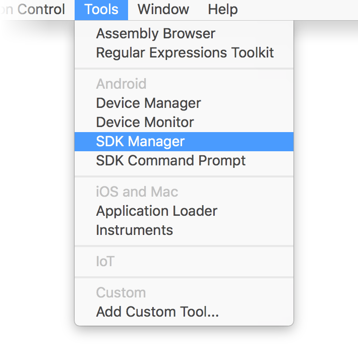 Location of the Android SDK Manager menu item