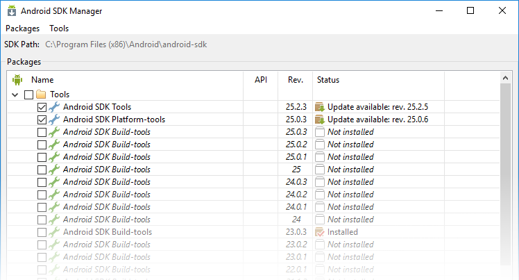 Screenshot example of the Google Android SDK Manager